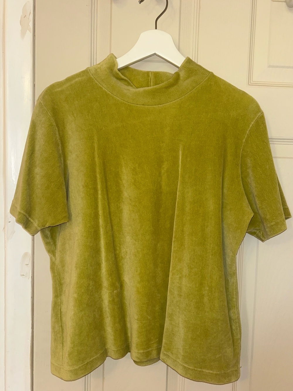 Vintage NY Jeans Lime Green Velour Mock Neck Y2K Ribbed Stretch Tee Size XL